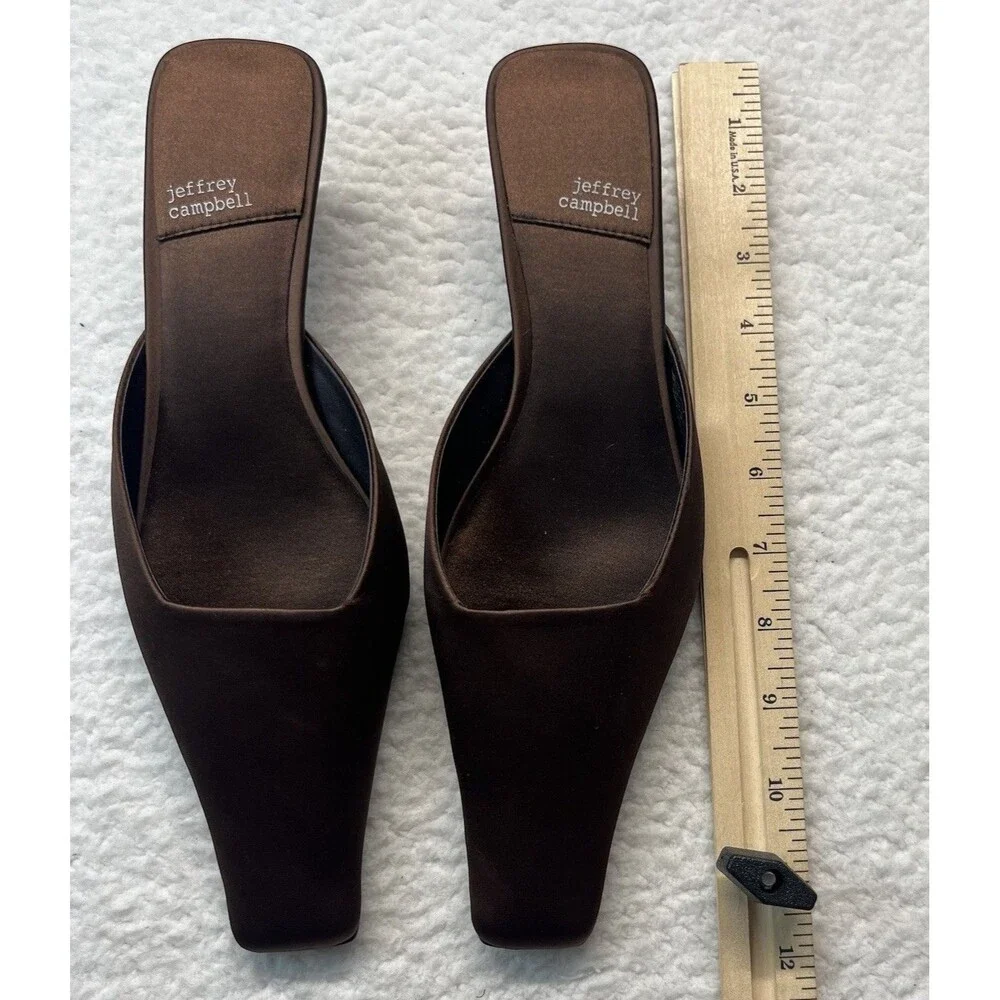 Jeffrey Campbell Heels Womens 8 Brown Satin Esmerelda Square Mules Kitten Heel